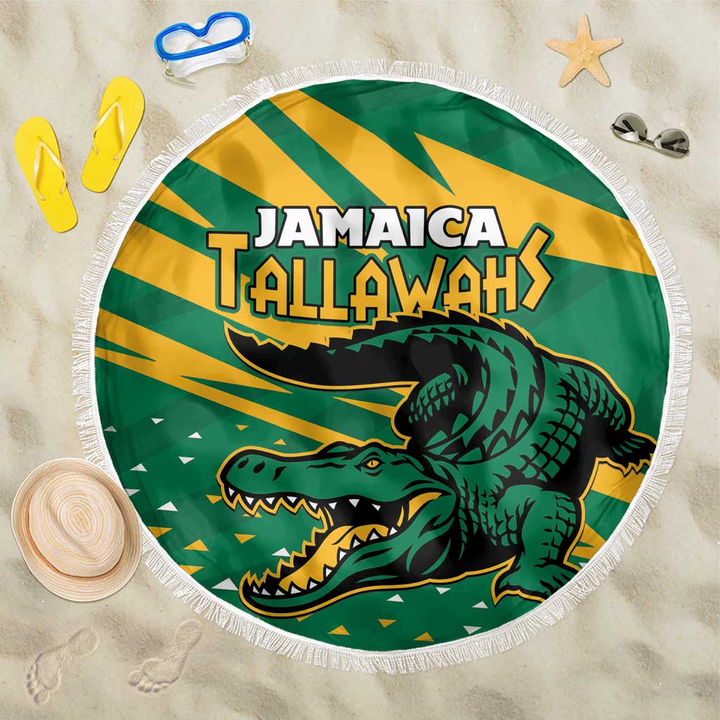 Round green beach blanket with Jamaica Tallawahs logo, green alligator mascot, yellow stripes, fringe