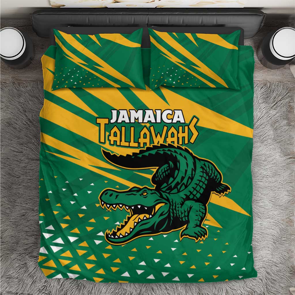 Green Jamaica Tallawahs bedding set with crocodile graphic and gold striped rays