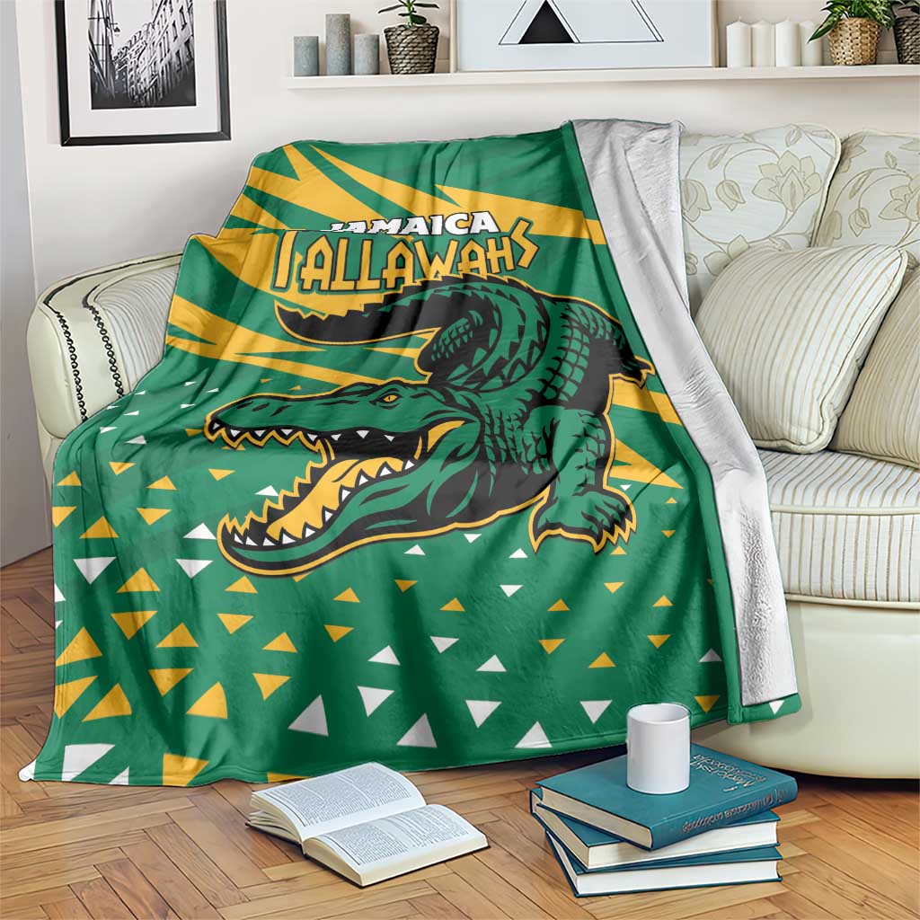 Jamaica Cricket Tallawahs green blanket with yellow stripes and crocodile graphic