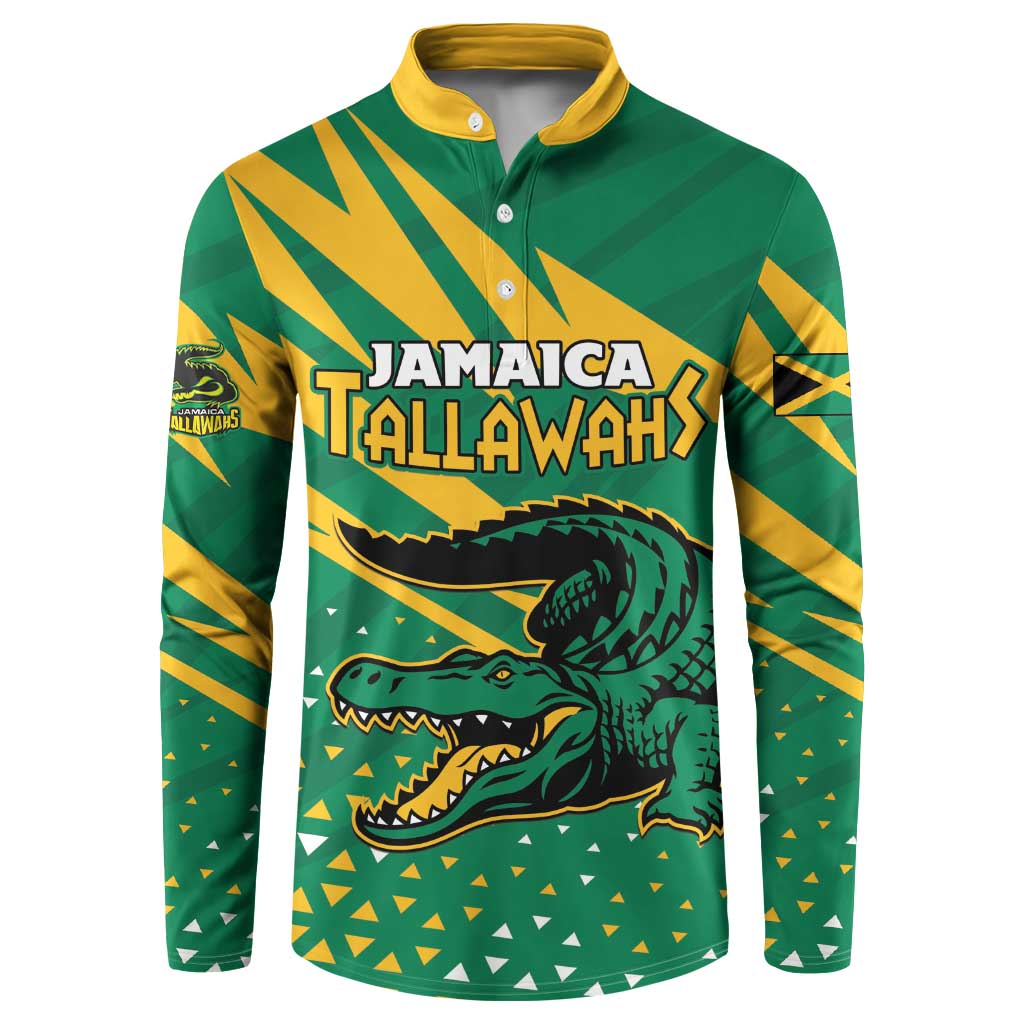 Green Jamaica Tallawahs button henley sweatshirt with yellow striped sleeves and logo