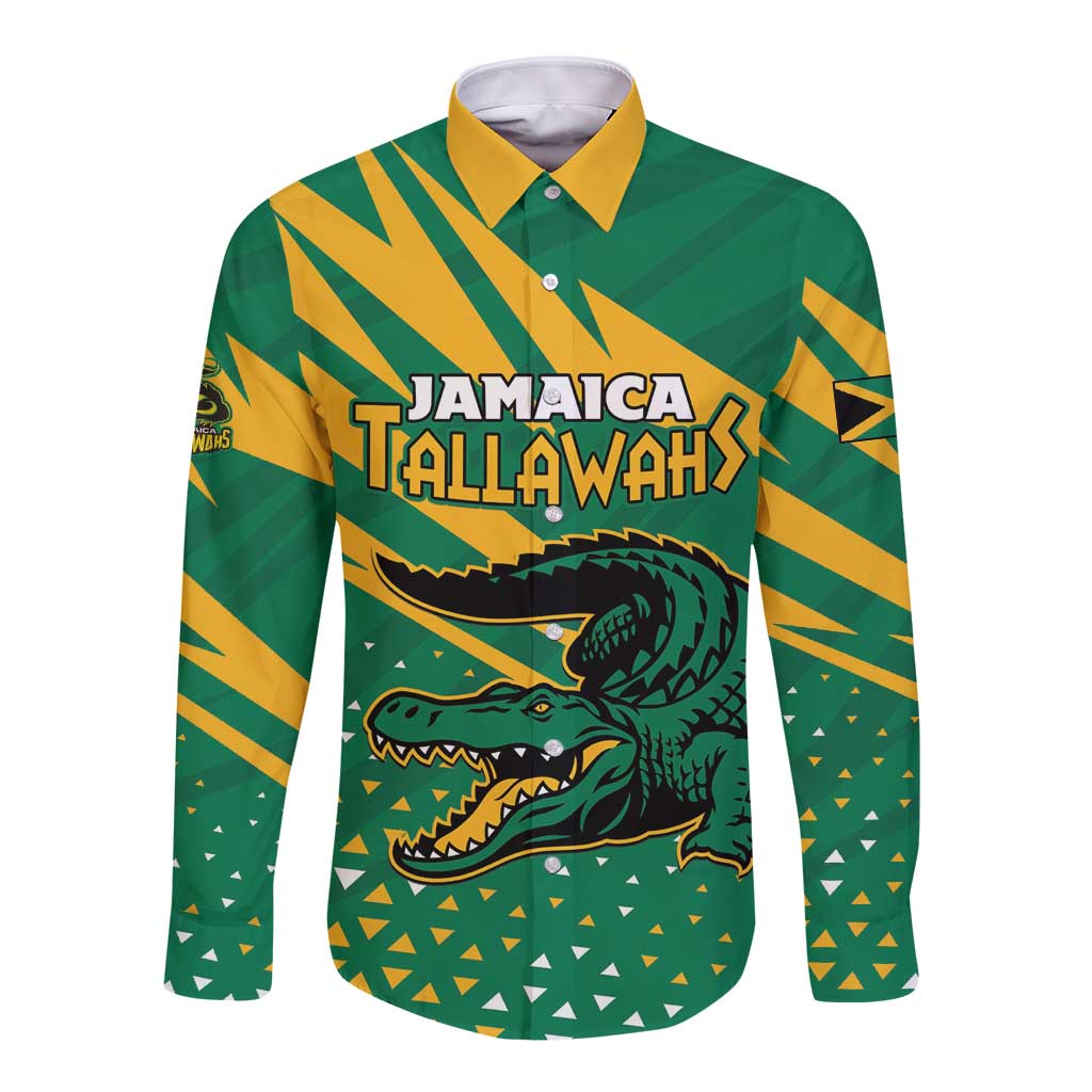 Unisex long-sleeve button cricket shirt in green with yellow Jamaica Tallawahs graphic