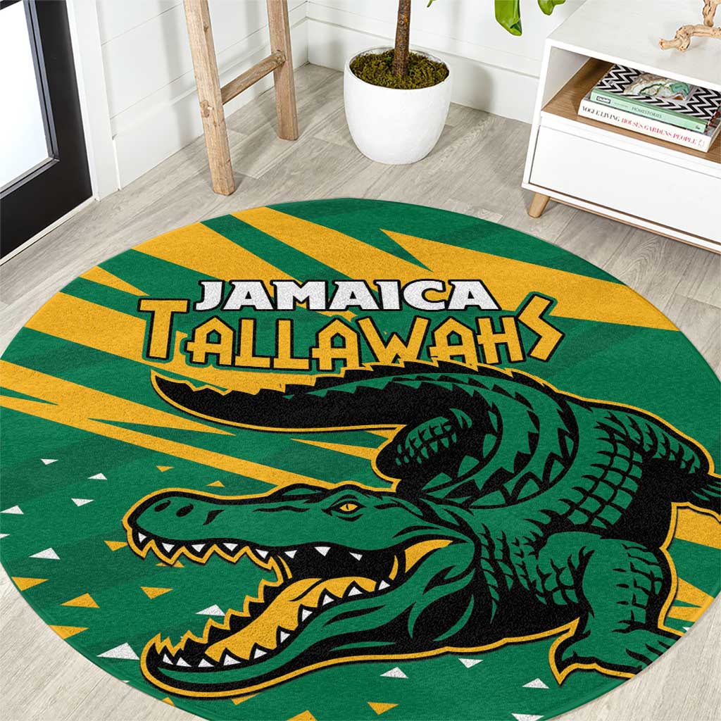 Round cricket rug in green with Jamaica Tallawahs text and crocodile graphic
