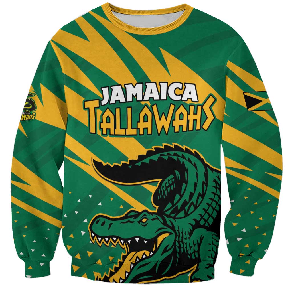 Green sweatshirt with yellow diagonal stripes and Jamaica Tallawahs crest and crocodile graphic