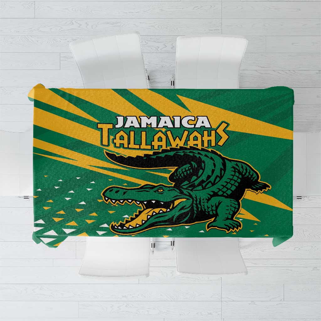 Green cricket tablecloth with Jamaica Tallawahs logo, crocodile graphic, and yellow stripe design