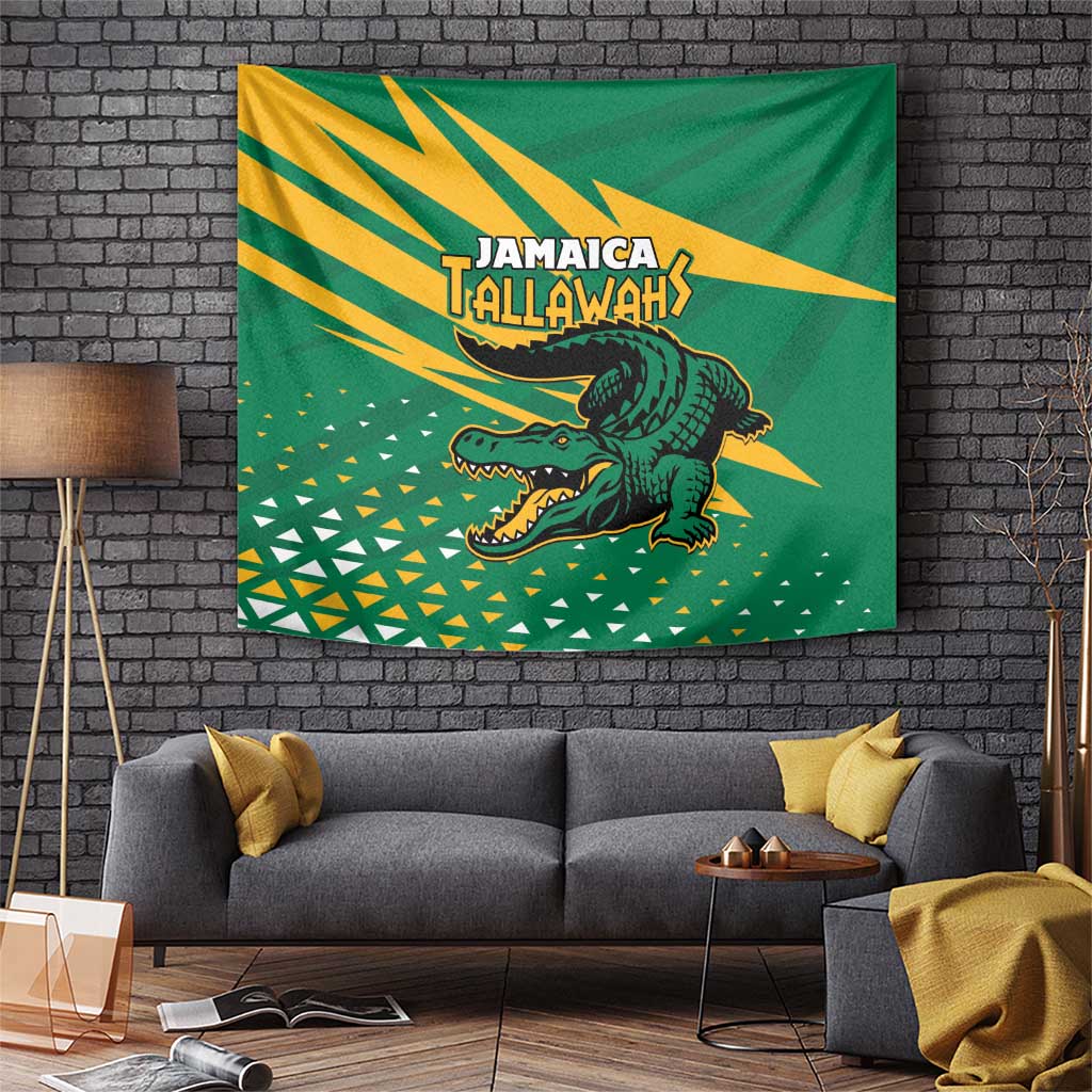Green cricket team tapestry with yellow rays, 'Jamaica Tallawahs' text, roaring crocodile.