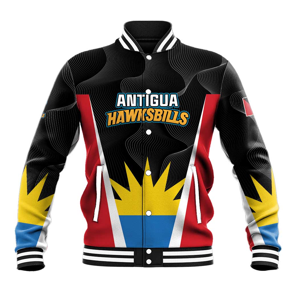 Unisex black baseball jacket with striped collar and Hawksbills front graphic