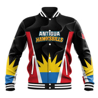 Unisex black baseball jacket with striped collar and Hawksbills front graphic