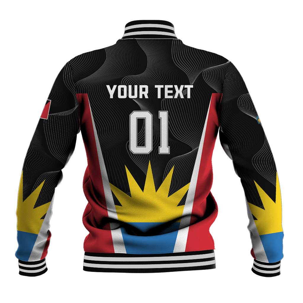 Unisex black baseball jacket back with striped collar, 'YOUR TEXT' 01 graphic