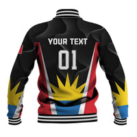 Unisex black baseball jacket back with striped collar, 'YOUR TEXT' 01 graphic