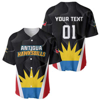Black baseball jersey front and back shown, with Antigua Hawksbills and YOUR TEXT 01