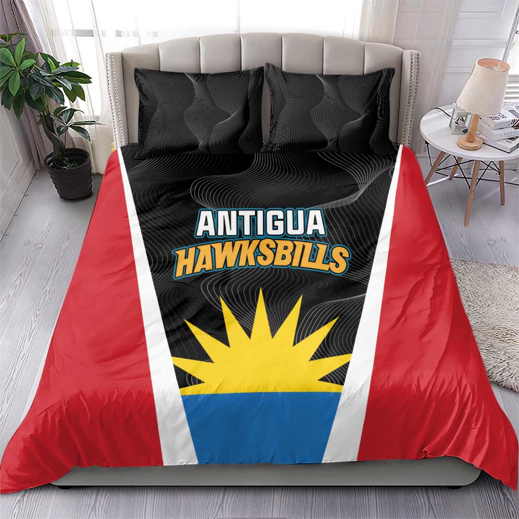 Red and black duvet cover bedding set with team logo stripe design and two pillows