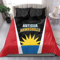 Red and black duvet cover bedding set with team logo stripe design and two pillows