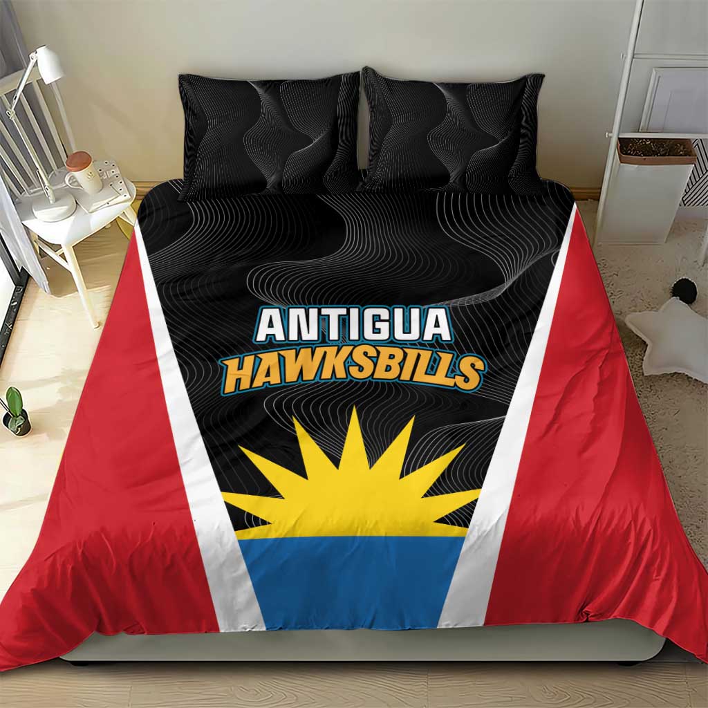 Cricket team bedding set on bed: black duvet with red sides, white stripes, two pillows