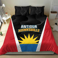 Cricket team bedding set on bed: black duvet with red sides, white stripes, two pillows