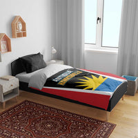 Team bedding set on bed with black duvet, red trim, white stripes, and three matching pillows