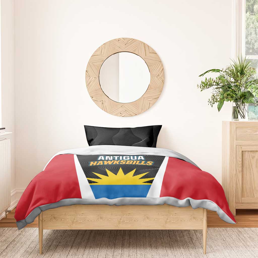 Red and black duvet cover bedding set with white stripe, blue panel, and one pillow