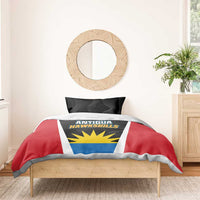 Red and black duvet cover bedding set with white stripe, blue panel, and one pillow