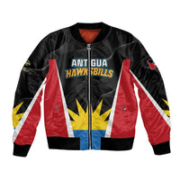 Black bomber jacket with Antigua Hawksbills logo, full-zip, red-white-yellow graphics