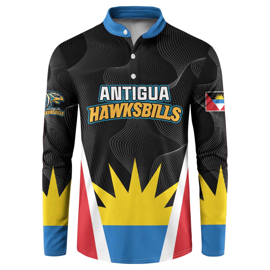 Black button-up sweatshirt with blue collar, Antigua Hawksbills chest logo and multicolor panels