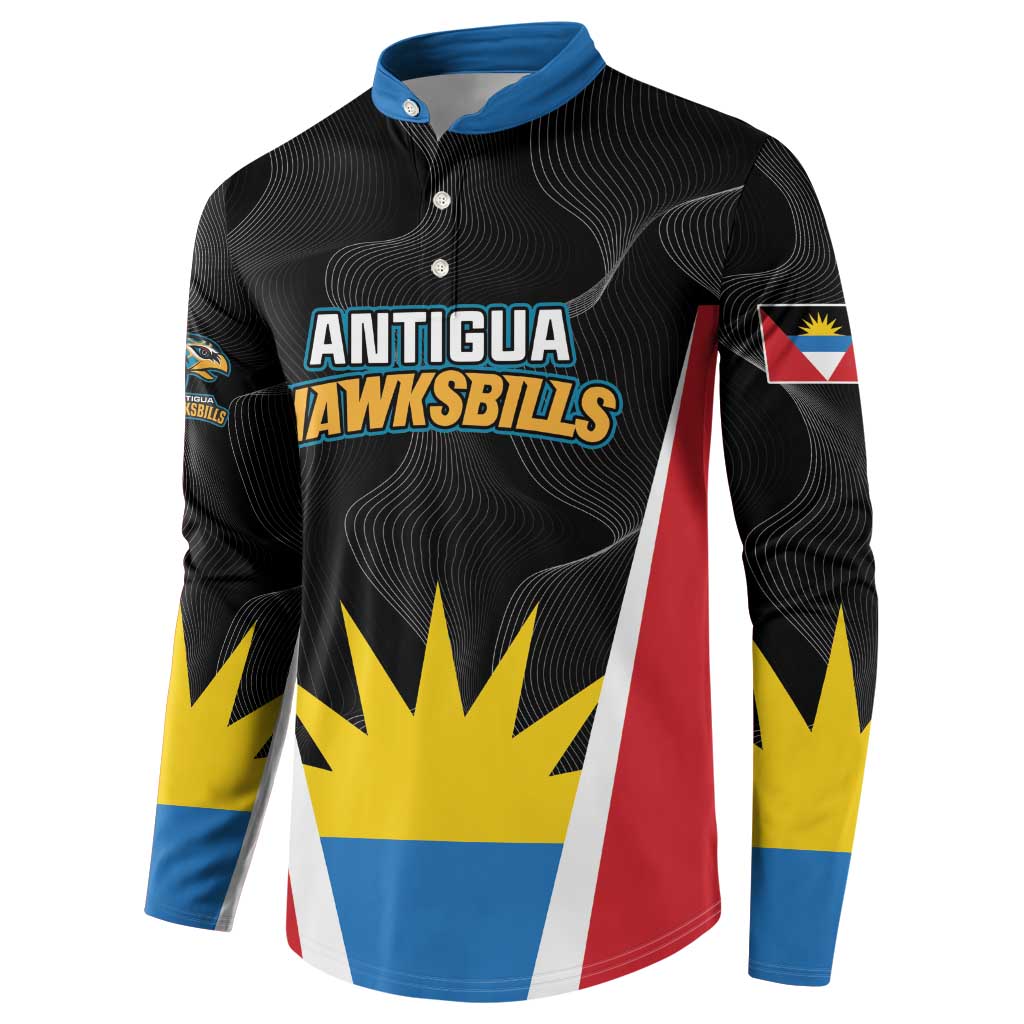Black long-sleeve button sweatshirt with blue collar and front logo over geometric flag pattern