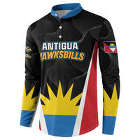 Black long-sleeve button sweatshirt with blue collar and front logo over geometric flag pattern