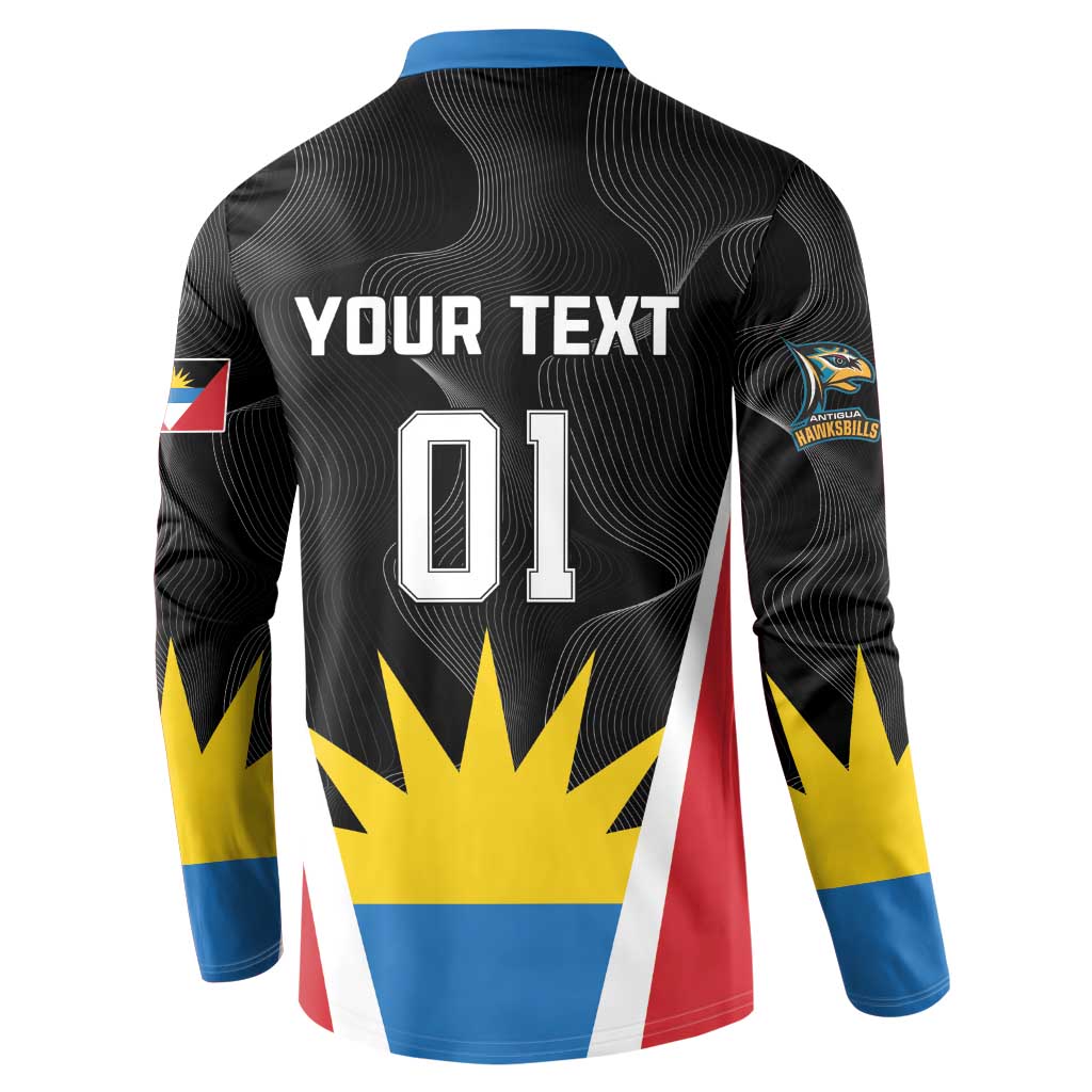 Black back button sweatshirt with blue collar, 'YOUR TEXT' and large '01' number graphic