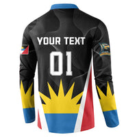 Black back button sweatshirt with blue collar, 'YOUR TEXT' and large '01' number graphic