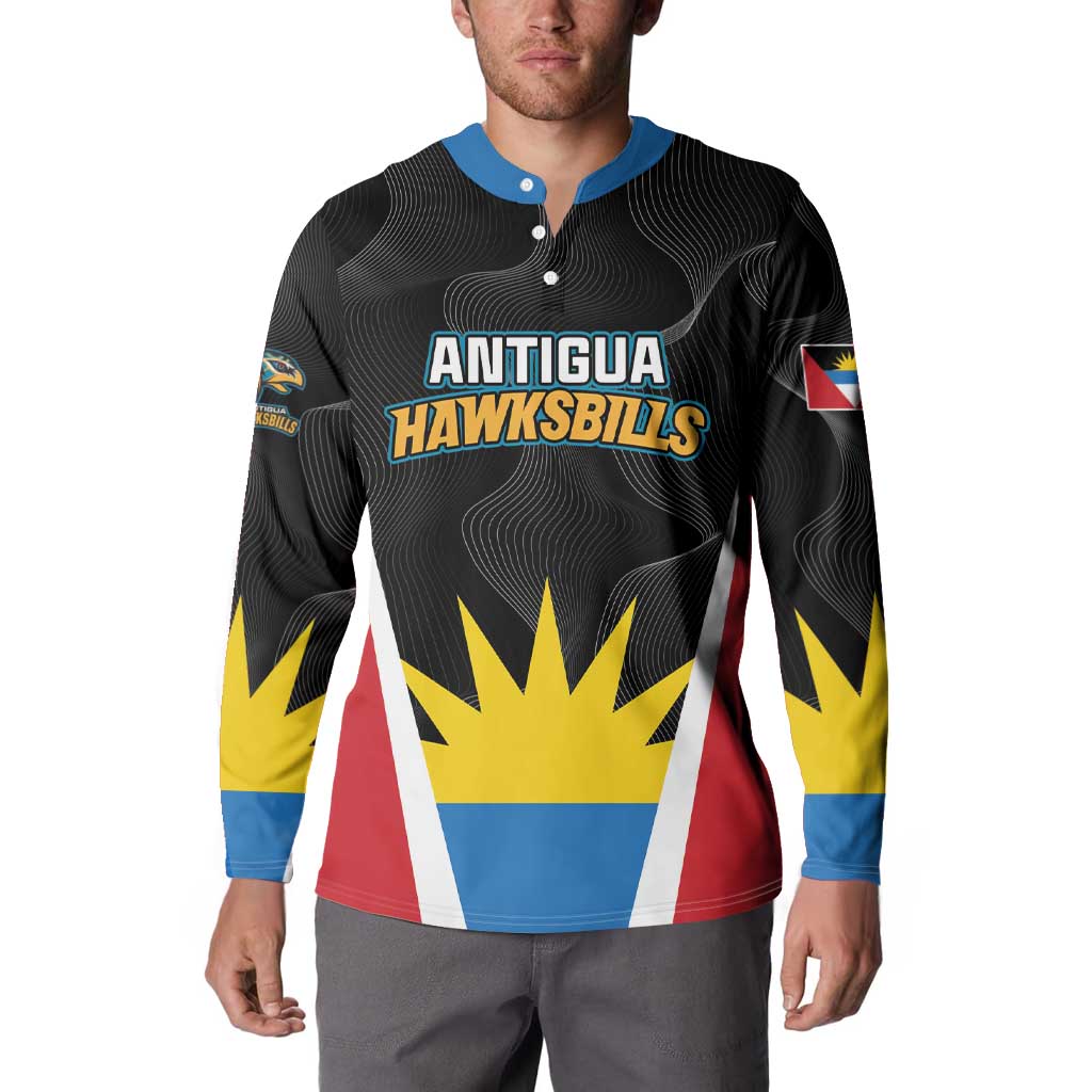 Black button sweatshirt with blue collar, Antigua Hawksbills chest logo and flag-like sleeve panels