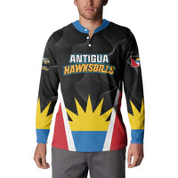 Black button sweatshirt with blue collar, Antigua Hawksbills chest logo and flag-like sleeve panels