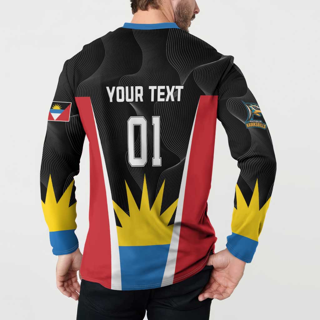Black back button sweatshirt with blue collar, 'YOUR TEXT' and '01' on number panel