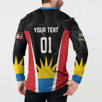 Black back button sweatshirt with blue collar, 'YOUR TEXT' and '01' on number panel