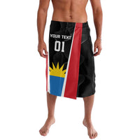 Black swim shorts with vertical flag panel and custom text graphic