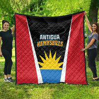 Red, black, white quilt with Antigua Hawksbills logo and large sun graphic, quilted texture