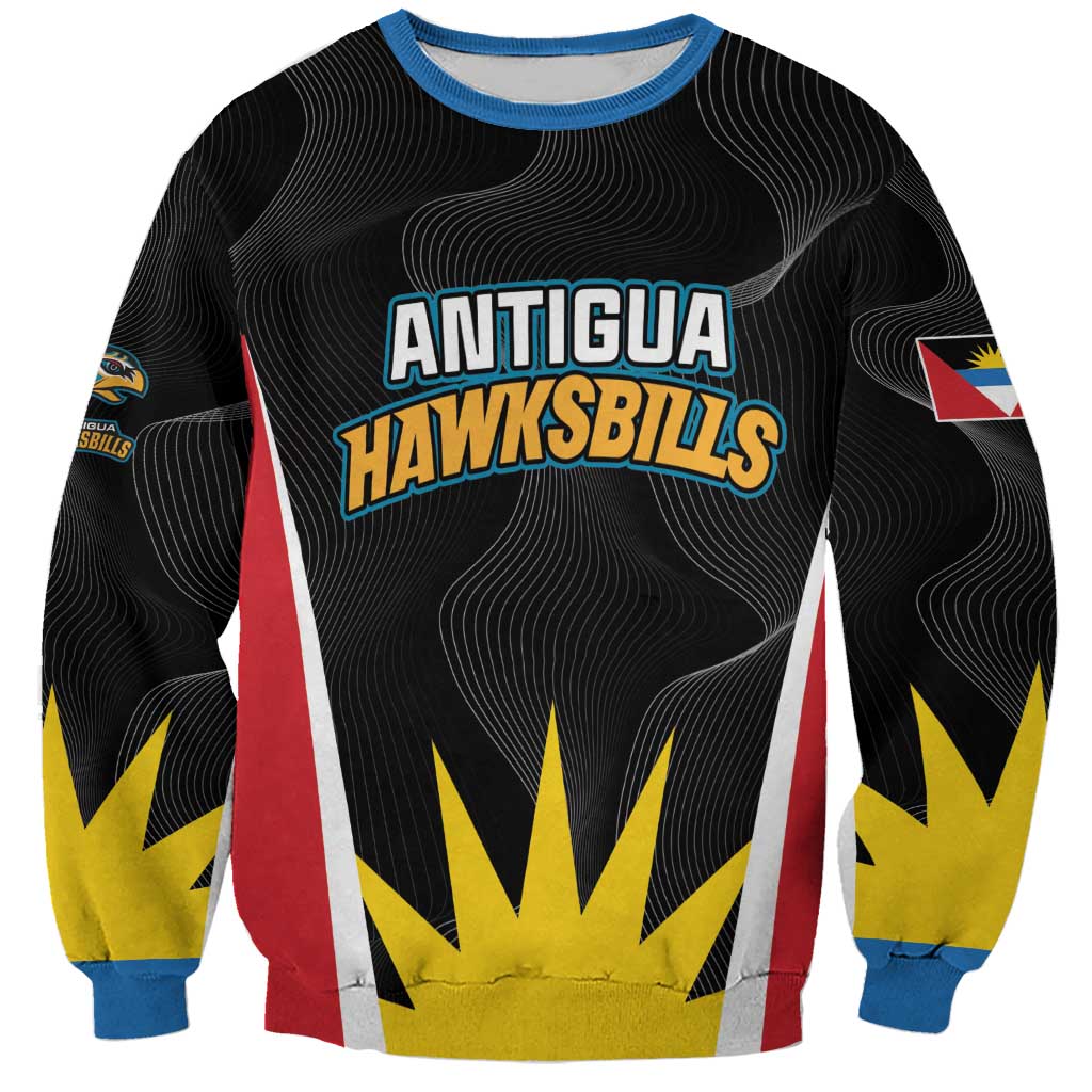 Black unisex crewneck sweatshirt with Antigua Hawksbills graphic, long sleeves