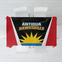 Black sports tablecloth with team logo and red, white, blue striped panels