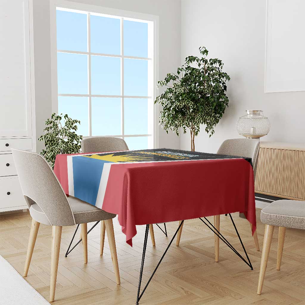 Team logo tablecloth with red, white, and blue panels draped over dining table