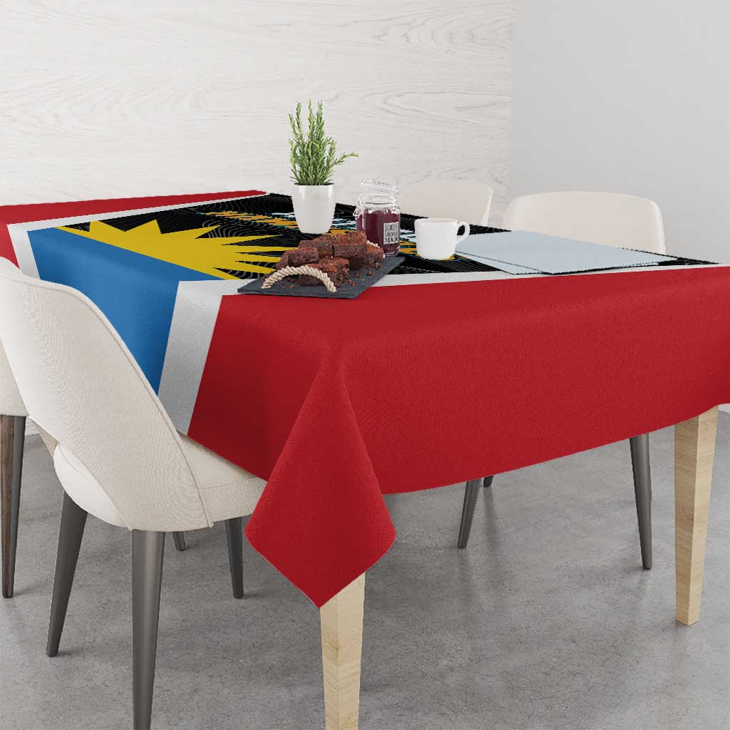 Tablecloth with red edge, blue center panel, white stripes, and black team emblem