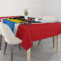 Tablecloth with red edge, blue center panel, white stripes, and black team emblem