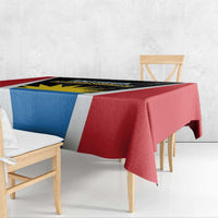 Rectangular tablecloth with red drape, blue center, white stripe, and black emblem