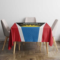 Tablecloth with red side panels, blue center, white stripes, and black team logo