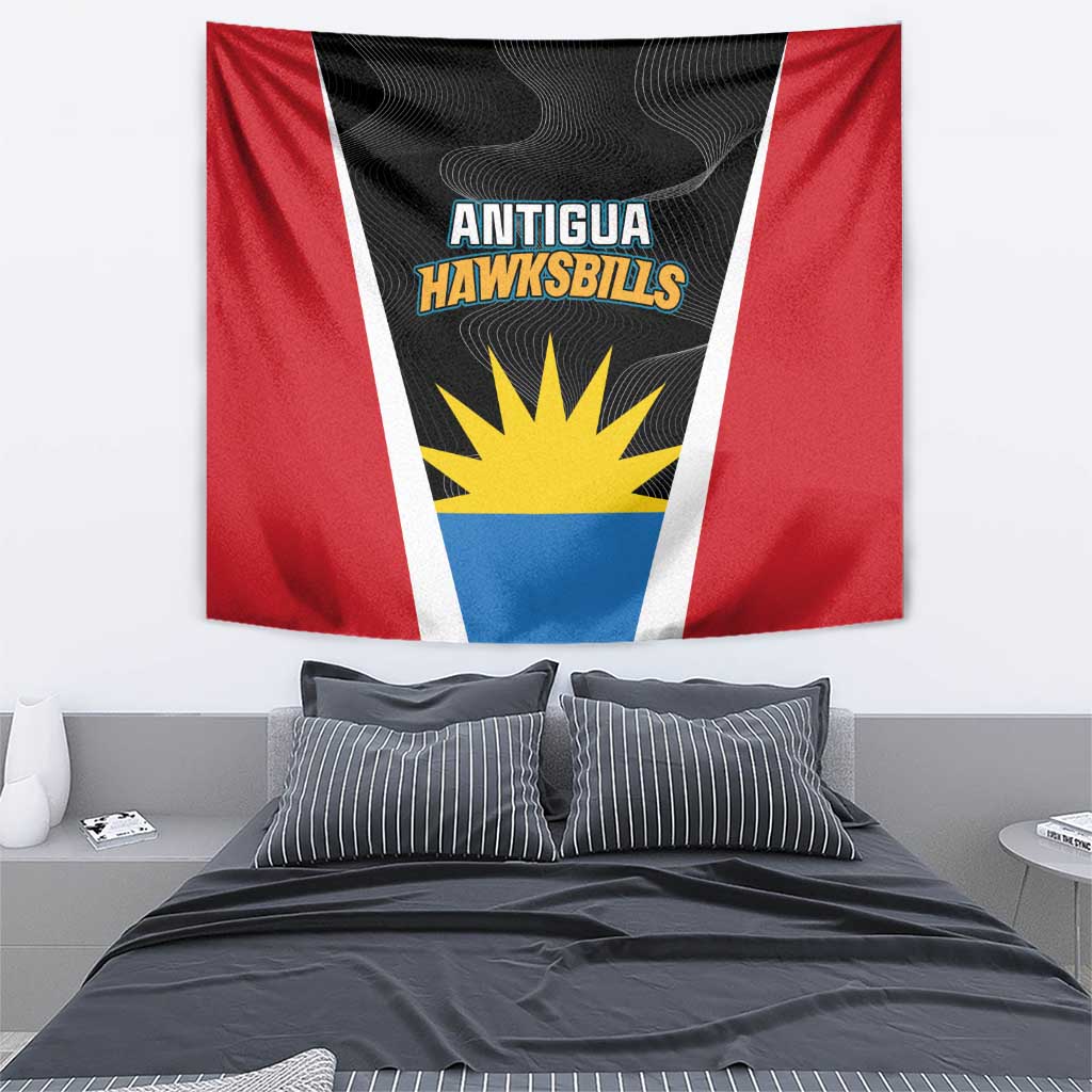 Cricket tapestry wall hanging showing Antigua Hawksbills logo on black with red side panels