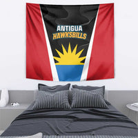 Cricket tapestry wall hanging showing Antigua Hawksbills logo on black with red side panels
