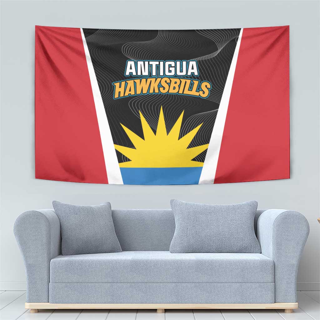 Cricket tapestry wall hanging featuring Antigua Hawksbills text, yellow sunburst, blue bottom
