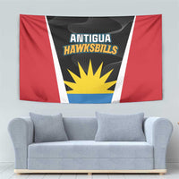 Cricket tapestry wall hanging featuring Antigua Hawksbills text, yellow sunburst, blue bottom