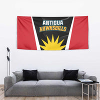 Cricket tapestry wall hanging with red trim and Antigua Hawksbills logo over black background