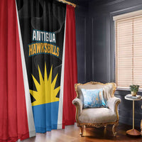 Cricket team window curtain with red borders and black-blue-yellow Hawksbill design