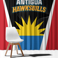 Cricket team window curtain close-up with black, blue, yellow and red accents