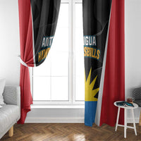 Cricket team window curtain at window with red, black and blue-yellow graphic