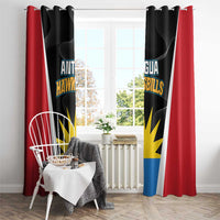 Cricket team window curtain with black emblem panels and red outer curtains