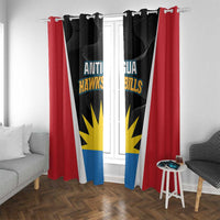 Cricket team window curtain with black emblem panels and red outer curtains at window